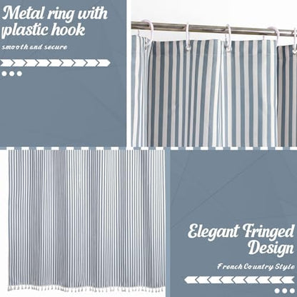 HunnmingRe Dusty Blue Farmhouse Striped Shower Curtain Tasseled 72x72 Inch