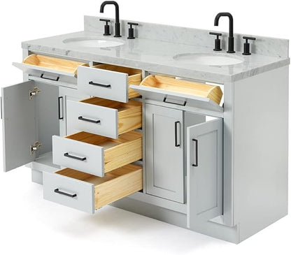 ARIEL Hepburn 60-inch Bathroom Vanity with Sink,Solid Wood, 1.5-inch Italian Carrara Marble Countertop & Backsplash, Double Oval Porcelain Sink, 4 Soft Closing Doors, 6 Dovetail Drawers, Grey