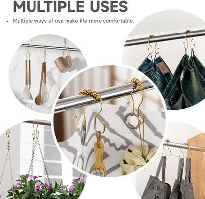 Bathway Shower Curtain Hooks, Shower Curtain Rings Rust Proof Double Hook Shower Curtain Hooks, 12 Pcs Dark Gold Shower Hooks for Shower Curtain, Shower Rings for Curtain, Metal Shower Rod Hooks
