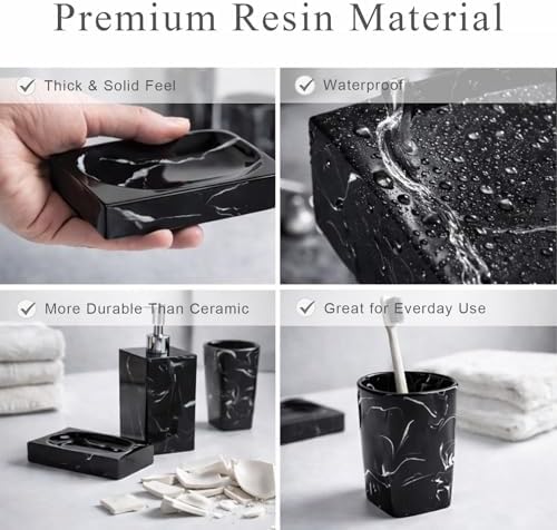 5 Piece Bathroom Accessories Set, Marble Resin Bathroom Vanity Set, Soap Dispenser, Toothbrush Holder, Soap Dish & 2 Tumblers, Bathroom Countertop Organizer Set (Ink Black)