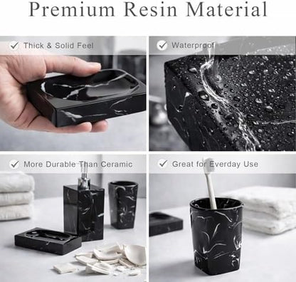 5 Piece Bathroom Accessories Set, Marble Resin Bathroom Vanity Set, Soap Dispenser, Toothbrush Holder, Soap Dish & 2 Tumblers, Bathroom Countertop Organizer Set (Ink Black)