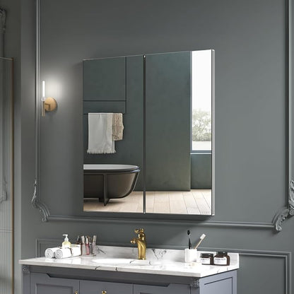 Quavikey Medicine Cabinet with Mirror for Bathroom 2 Doors Aluminum Surface Mount or Recessed Mirror Medicine Cabinet 24x26 Inch, Silver