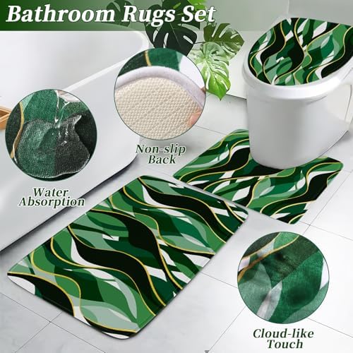 XLHOMO Bathroom Set - Green and Gold Bathroom Accessories, Bathroom Sets with Shower Curtain and Rugs, Green Shower Curtain Set with Bathroom Trash Can, Soap Dispenser, Soap Dish for Home Decor