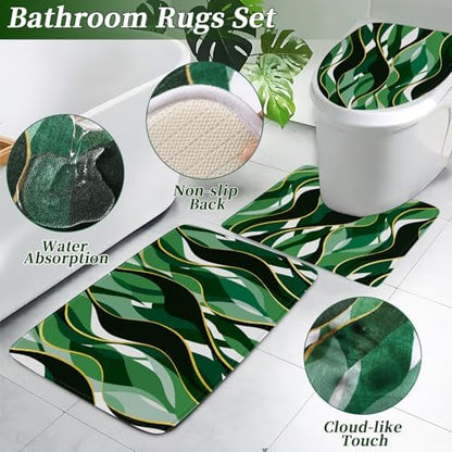 XLHOMO Bathroom Set - Green and Gold Bathroom Accessories, Bathroom Sets with Shower Curtain and Rugs, Green Shower Curtain Set with Bathroom Trash Can, Soap Dispenser, Soap Dish for Home Decor