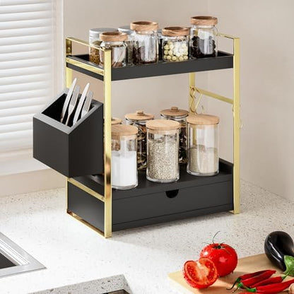 2-Tier Bathroom Counter Organizer, Wooden Vanity Shelf with Drawer & Basket