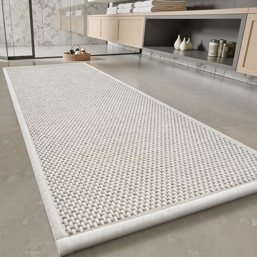 PADOOR-Bath Mat Runner-Super Absorbent Chenille Bathroom Mats-Rubber Backed Bath Mats for Bathroom Non Slip, Easy Clean Bathroom Runner Rugs Front of Bathtub,Shower Room,Sink-17×59, Beige&Cream