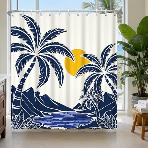Tropical Bay Waterproof Shower Curtain with 12 Hooks, Navy Blue Palm Trees Shower Curtain Set for Bathroom, Metal Grommets & Weighted Bottom, Machine Washable Bath Curtain, 72x72 Inches