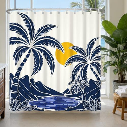 Tropical Bay Waterproof Shower Curtain with 12 Hooks, Navy Blue Palm Trees Shower Curtain Set for Bathroom, Metal Grommets & Weighted Bottom, Machine Washable Bath Curtain, 72x72 Inches