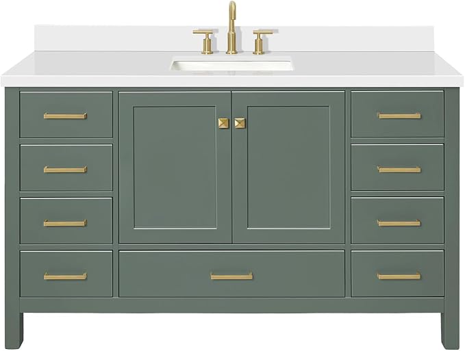 ARIEL Cambridge 60-inch Bathroom Vanity with Sink,Solid Wood, 1.5-inch Pure White Quartz Countertop, Single Rectangular Porcelain Sink, 2 Soft Closing Doors, 9 Dovetail Drawers, Vintage Green