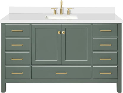ARIEL Cambridge 60-inch Bathroom Vanity with Sink,Solid Wood, 1.5-inch Pure White Quartz Countertop, Single Rectangular Porcelain Sink, 2 Soft Closing Doors, 9 Dovetail Drawers, Vintage Green