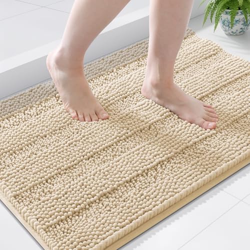 Grandaily Chenille Striped Bathroom Rugs 36x24, Extra Thick and Soft Absorbent Bath Mats, Rubber Backing, Plush Shaggy Shower Carpet, Machine Wash Dry, Bath Rug for Bathroom, Light Beige