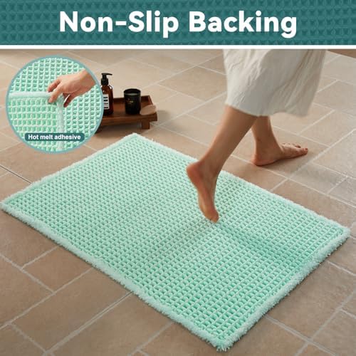 Triohero Waffle Bath Mat, Small Boho Bathroom Rugs, 16x24 Sea Foam Blue
