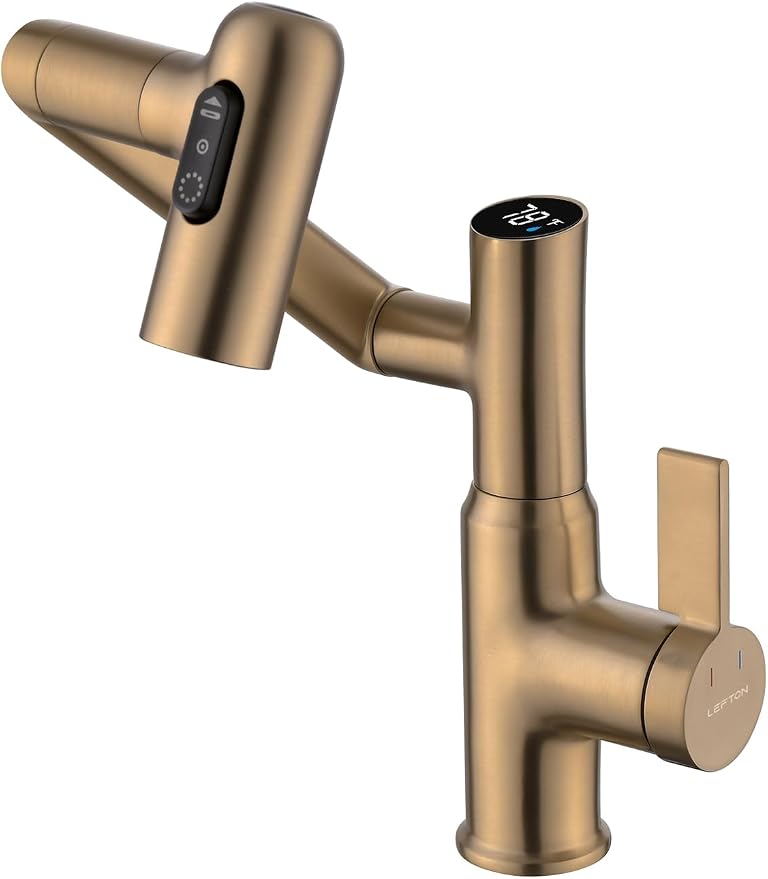 Rotatable Bathroom Faucet with Temperature Display in Fahrenheit (Batteries-Free), 3 Water Outlet Modes, Brushed Copper
