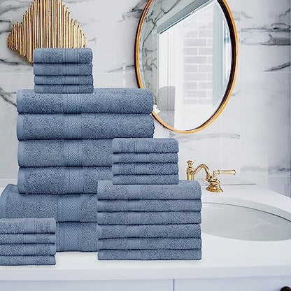 HILLFAIR 100% Cotton 24 Piece Bath Towels Set for Bathroom - Wedgewood Blue