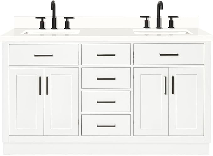 ARIEL Hepburn 60-inch Bathroom Vanity with Sink,Solid Wood, 1.5-inch Pure White Quartz Countertop & Backsplash, Double Rectangular Porcelain Sink, 4 Soft Closing Doors, 6 Dovetail Drawers, White