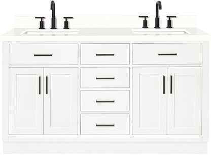 ARIEL Hepburn 60-inch Bathroom Vanity with Sink,Solid Wood, 1.5-inch Pure White Quartz Countertop & Backsplash, Double Rectangular Porcelain Sink, 4 Soft Closing Doors, 6 Dovetail Drawers, White