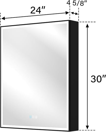24" X 30" LED Mirrored Medicine Cabinet, Medicine Cabinets with Lights for Bathroom, Defogging Function Mirror Cabinet, Bathroom Medicine Cabinet with USB Port & Outlet, Left Opening Doors
