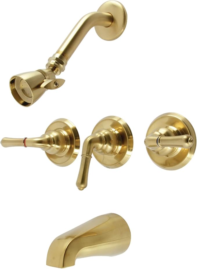 Kingston Brass KB237 Magellan Triple-Handle Tub and Shower Faucet in Brushed Brass