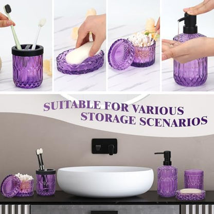 Bathroom Accessories Set, 5Pcs Bathroom Soap Dispenser Set, Glass Bathroom Accessories with Glass Soap Dispenser, Soap Dish, Toothbrush Holder, Tumbler, Cotton Swab Jar (Purple)