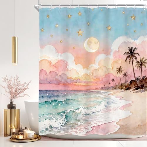 Ocean Blue Sea Watercolor Cloud Pink Waves Bathroom Shower Curtain Set