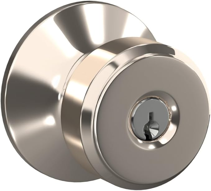 Schlage F51A BWE 618 PLY Bowery Knob with Plymouth Trim Keyed Entry Lock, Polished Nickel