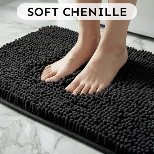 Secura Bathroom Rugs 47x28, Ultra Soft Chenille Bath Mat, Super Absorbent & Quick Dry Bathroom Mat, Non Slip Machine Washable Bath Rugs for Tub, Shower, Home Decor Accessories (Black)