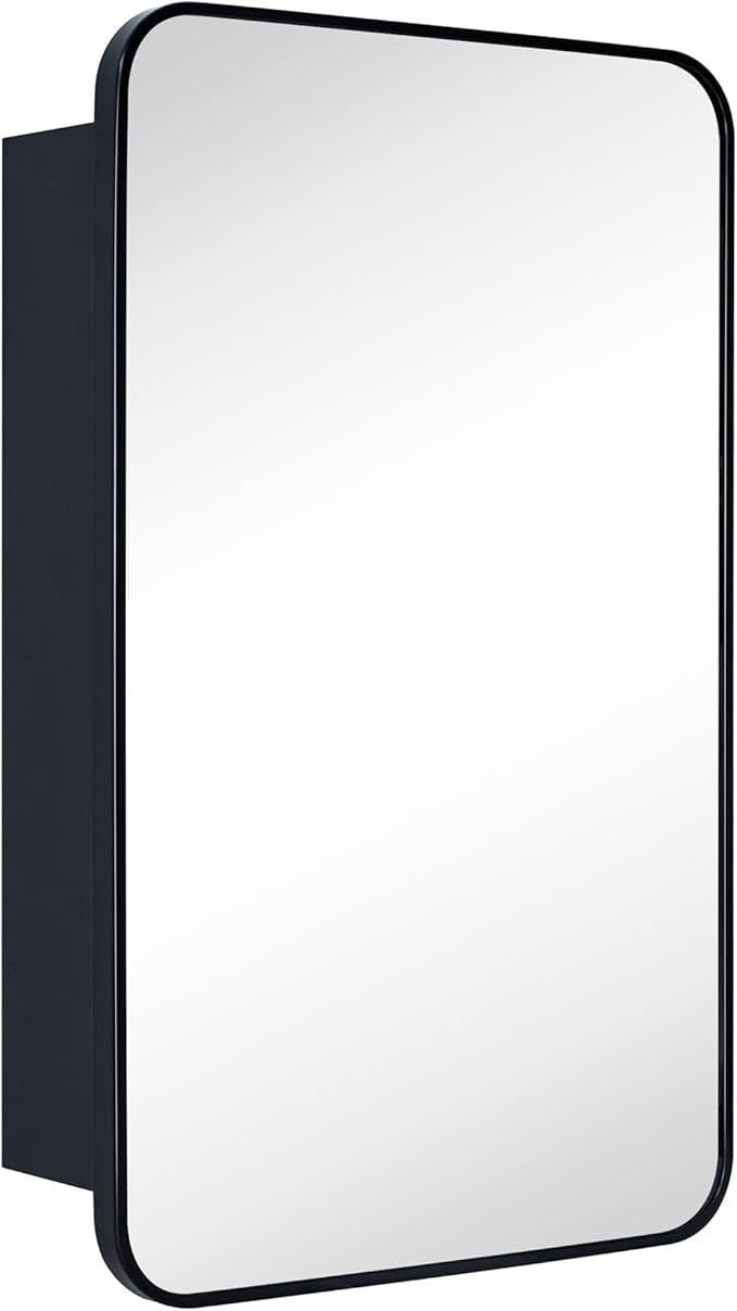 GRACTO 17.5x29'' Black Recessed and Surface Mount Bathroom Medicine Cabinet with Mirror Matt Black Metal Framed Rounded Rectangle Medicine Cabinet