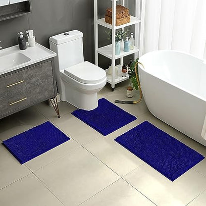 HOMEIDEAS Royal Blue Chenille Bathroom Rugs Set of 3, Non Slip Bath Mat