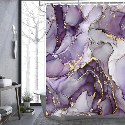 NBVKO 4Pcs Luxury Purple Marble Pattern Shower Curtain Set with 12 Hooks Non-Slip Rugs,Toilet Lid Cover and Bath Mat, Stylish Bathroom Decor for Hotel & Home Bathroom