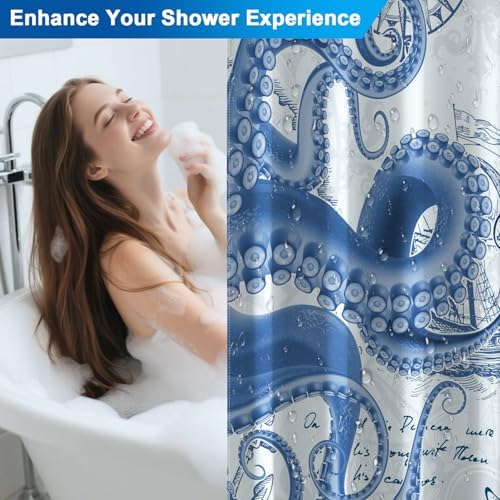 Ocean Theme Nautical Shower Curtain Set with 12 Hooks, Waterproof Bathroom Shower Curtain with Weighted Hem, Machine Washable Navy Blue Octopus Fabric Shower Curtains for Bathroom, 72"W x 72"L
