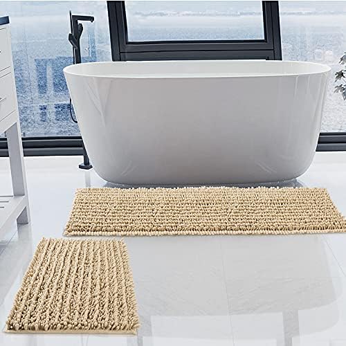 Luxury Chenille Beige Bathroom Rugs Sets 2 Piece, Thickened Hot Melt Rubber Bottom Bath Mats for Bathroom Non Slip,Bath Rugs Quick Dry Machine Washable for Shower Mat (47"x17"+17"x24")