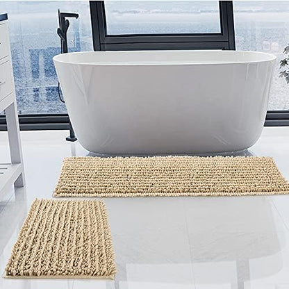 Luxury Chenille Beige Bathroom Rugs Sets 2 Piece, Thickened Hot Melt Rubber Bottom Bath Mats for Bathroom Non Slip,Bath Rugs Quick Dry Machine Washable for Shower Mat (47"x17"+17"x24")