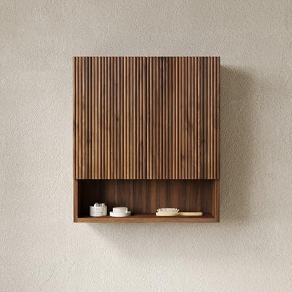 USHOWER Dark Walnut Bathroom Wall Cabinet with Fluted Doors & Open Shelf
