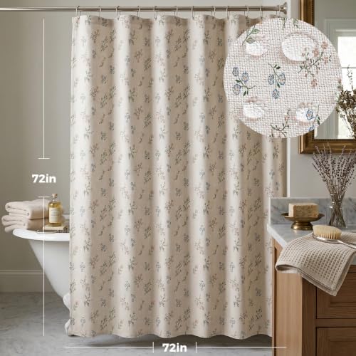 Floral Farmhouse Vintage Linen Shower Curtain 72x72in with 12 Plastic Hooks