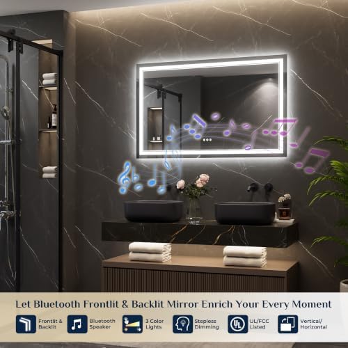 Keonjinn 48" x 30" Lighted Mirrors for Bathroom Wall, Frontlit & Backlit