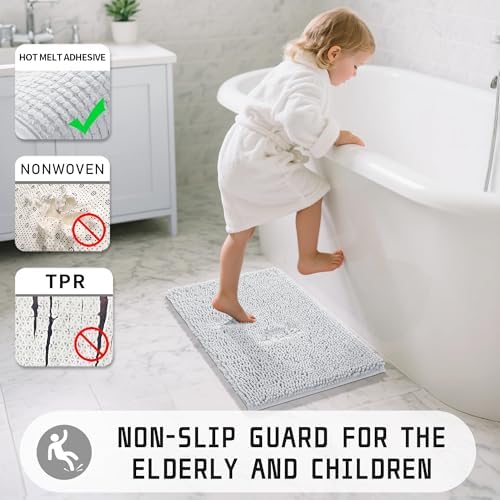 Yimobra Washable Bathroom Rugs, Super Soft & Absorbent Chenille Bath Mat for Floor & Carpet, Quick Dry Non Slip Bath Mat for Tub Shower, 24" x 17",Silver