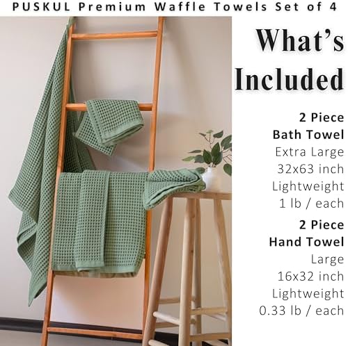PÜSKÜL Natural 100% Turkish Cotton Waffle Towels Set of 4-Piece, Sage Green