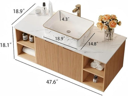 48" Floating Bathroom Vanity with Sink, Modern Vanity Cabinet with Sintered Stone Countertop, Wall Mount Bathroom Sink with Storage, Ceramic Basin, Light Wood