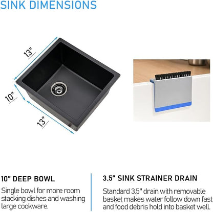Black Undermount Bar Sink, 13 x 13 Inch | Granite Composite Quartz Small Kitchen Sink Wet Bar Single Bowl Deep Basin with Countertop Squeegee Brush Combo