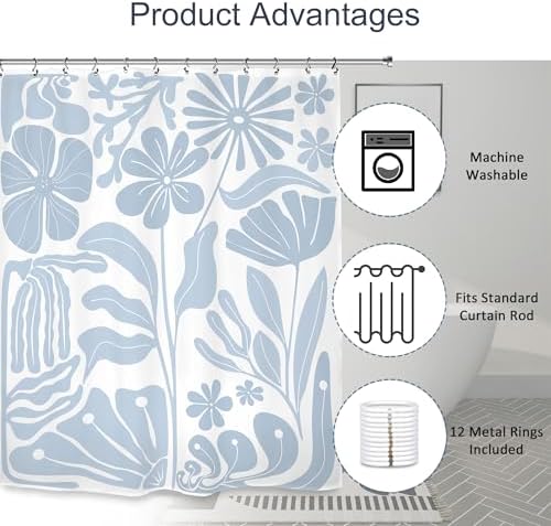 Light Blue Matisse Flower Shower Curtain 60Wx72L Inch Abstract Retro Aesthetic Minimalist Vintage Art 70s Modern Bathroom Set Accessories Decor with 12 Pack Hooks