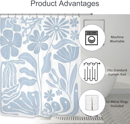 Light Blue Matisse Flower Shower Curtain 60Wx72L Inch Abstract Retro Aesthetic Minimalist Vintage Art 70s Modern Bathroom Set Accessories Decor with 12 Pack Hooks