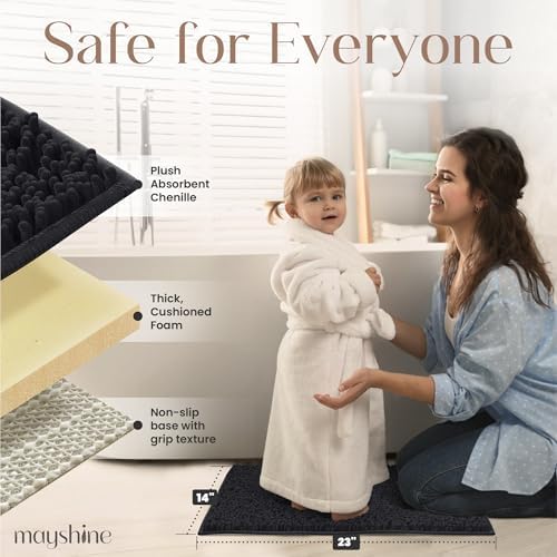 MAYSHINE Small Plush Shaggy Chenille Bath Mat 23"x14"| Extra Soft, Super Absorbent, Non-Slip Bathroom Rug | Fluffy Microfiber, Area Rug Sets for Bathroom Floor, Kitchen, Living Room |Black