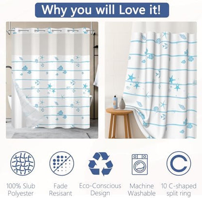 No Hook Shower Curtain with Snap in Liner 71x74 Inch