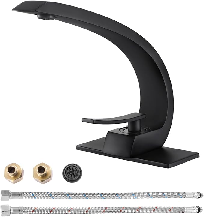Matte Black Bathroom Sink Vanity Elegance Swan Faucet for 1 Hole with 6-Inch 3 Hole Deckplate,Rikaziya Bathroom Fixtures Basin Mixer Faucets Centerset with 9/16" Supply Hose and to 1/2" Adapter Combo