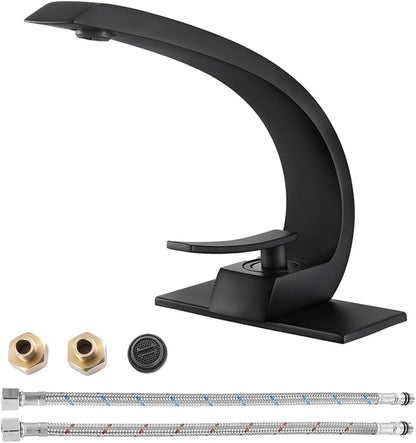 Matte Black Bathroom Sink Vanity Elegance Swan Faucet for 1 Hole with 6-Inch 3 Hole Deckplate,Rikaziya Bathroom Fixtures Basin Mixer Faucets Centerset with 9/16" Supply Hose and to 1/2" Adapter Combo