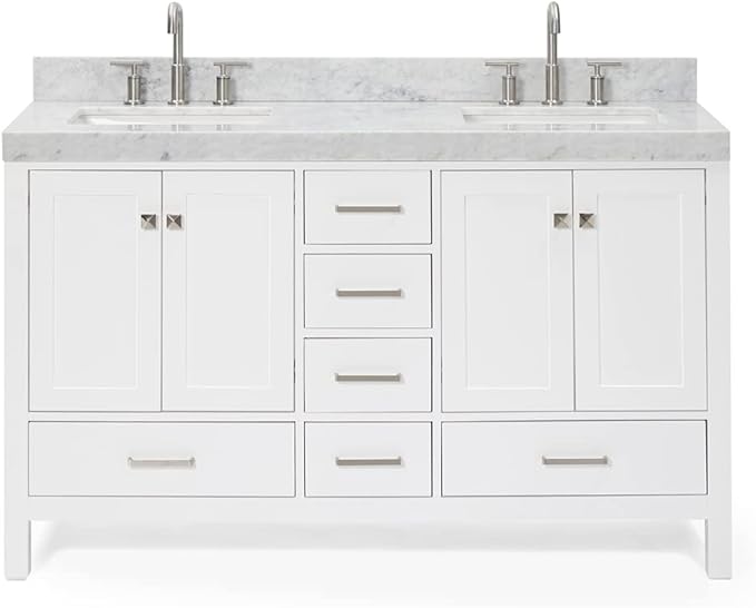 ARIEL Cambridge 60-inch Bathroom Vanity with Sink,Solid Wood, 2-inch Italian Carrara Marble Countertop, Double Rectangular Porcelain Sink, 2 Soft Closing Doors, 6 Dovetail Drawers, White