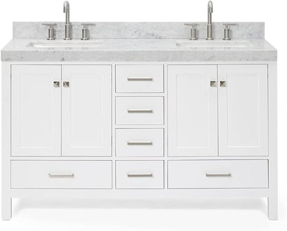 ARIEL Cambridge 60-inch Bathroom Vanity with Sink,Solid Wood, 2-inch Italian Carrara Marble Countertop, Double Rectangular Porcelain Sink, 2 Soft Closing Doors, 6 Dovetail Drawers, White