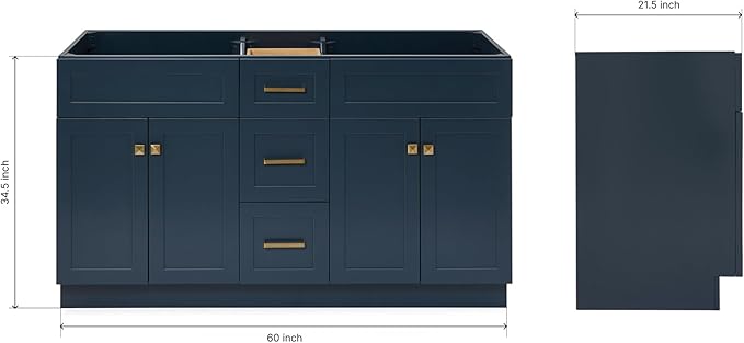 ARIEL Hamlet 60-inch Bathroom Vanity Base Cabinet,Solid Wood, 4 Soft Closing Doors, 3 Dovetail Drawers, Satin Brass, Midnight Blue