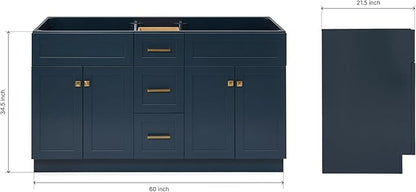ARIEL Hamlet 60-inch Bathroom Vanity Base Cabinet,Solid Wood, 4 Soft Closing Doors, 3 Dovetail Drawers, Satin Brass, Midnight Blue