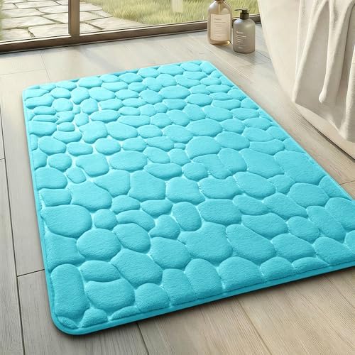 YIHOUSE Memory Foam Bath Mat Cobblestone Bathroom Rugs Super Water Absorbent Bath Mats for Bathroom Machine Washable Bath Rugs(17 x 24,Teal)